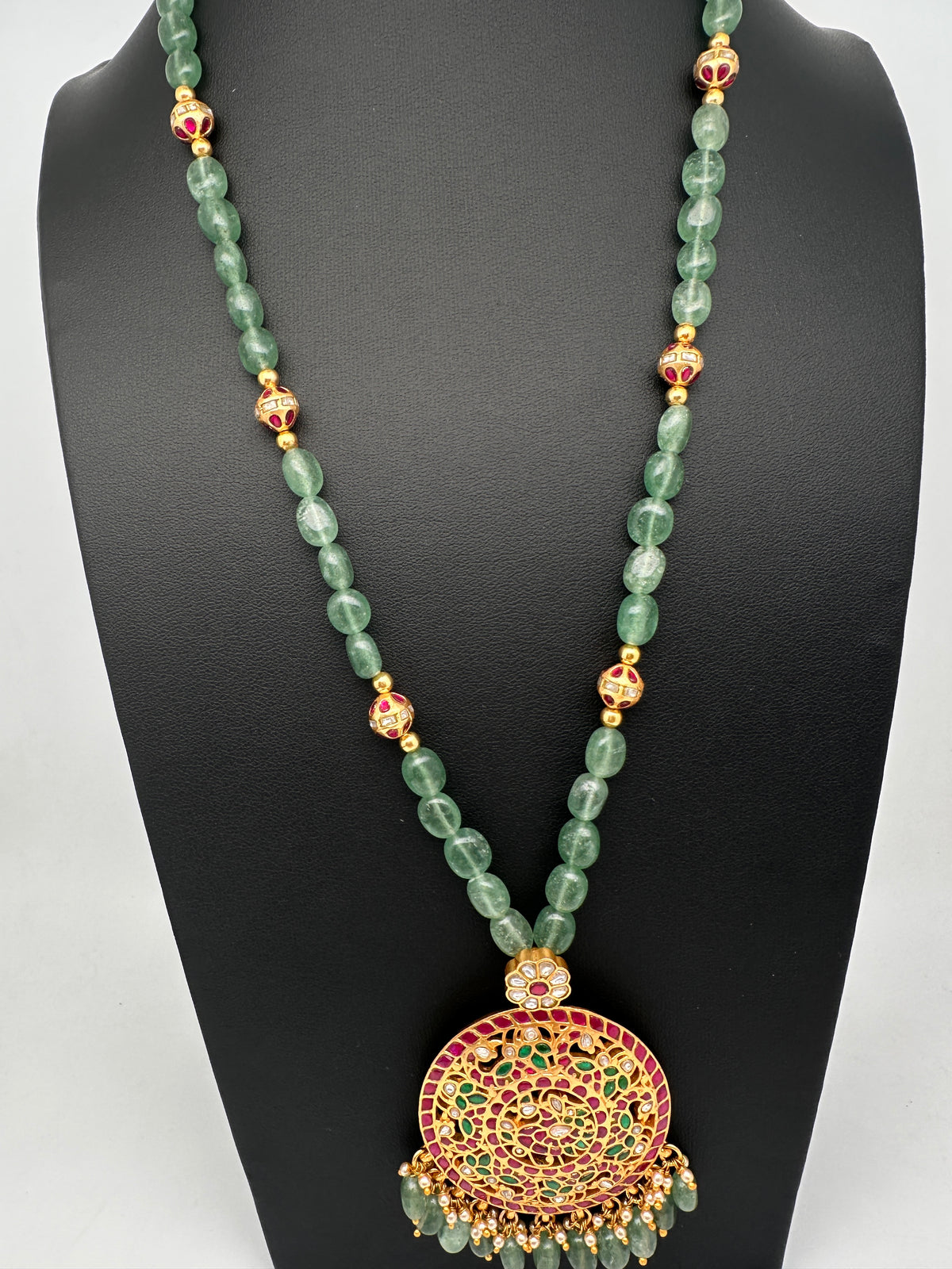 Jadau Kundan Detachable Pendant Emerald Beads Long Mala Necklace - JA000344