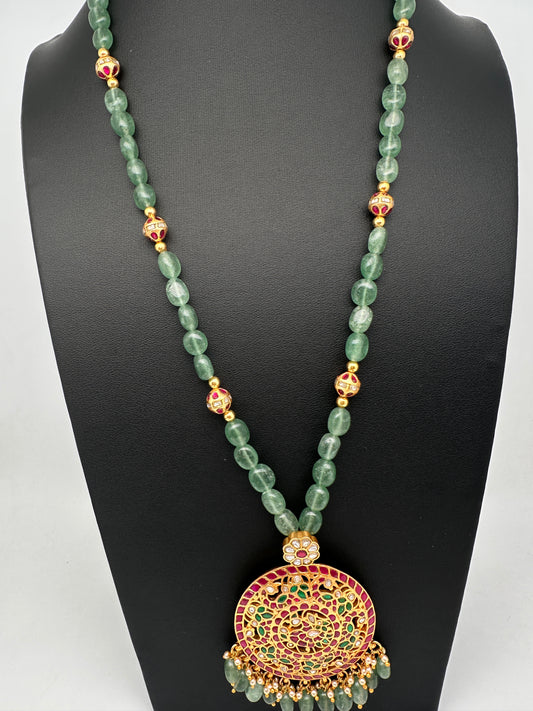Jadau Kundan Detachable Pendant Emerald Beads Long Mala Necklace - JA000344