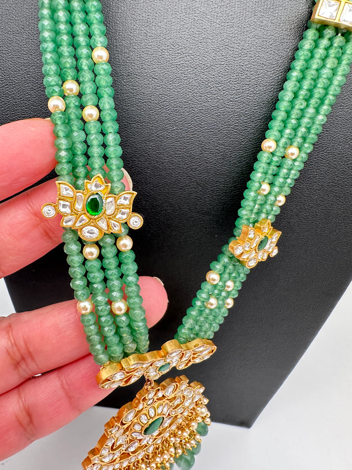Jadau Kundan Pendent with Emerald Beads Necklace - 