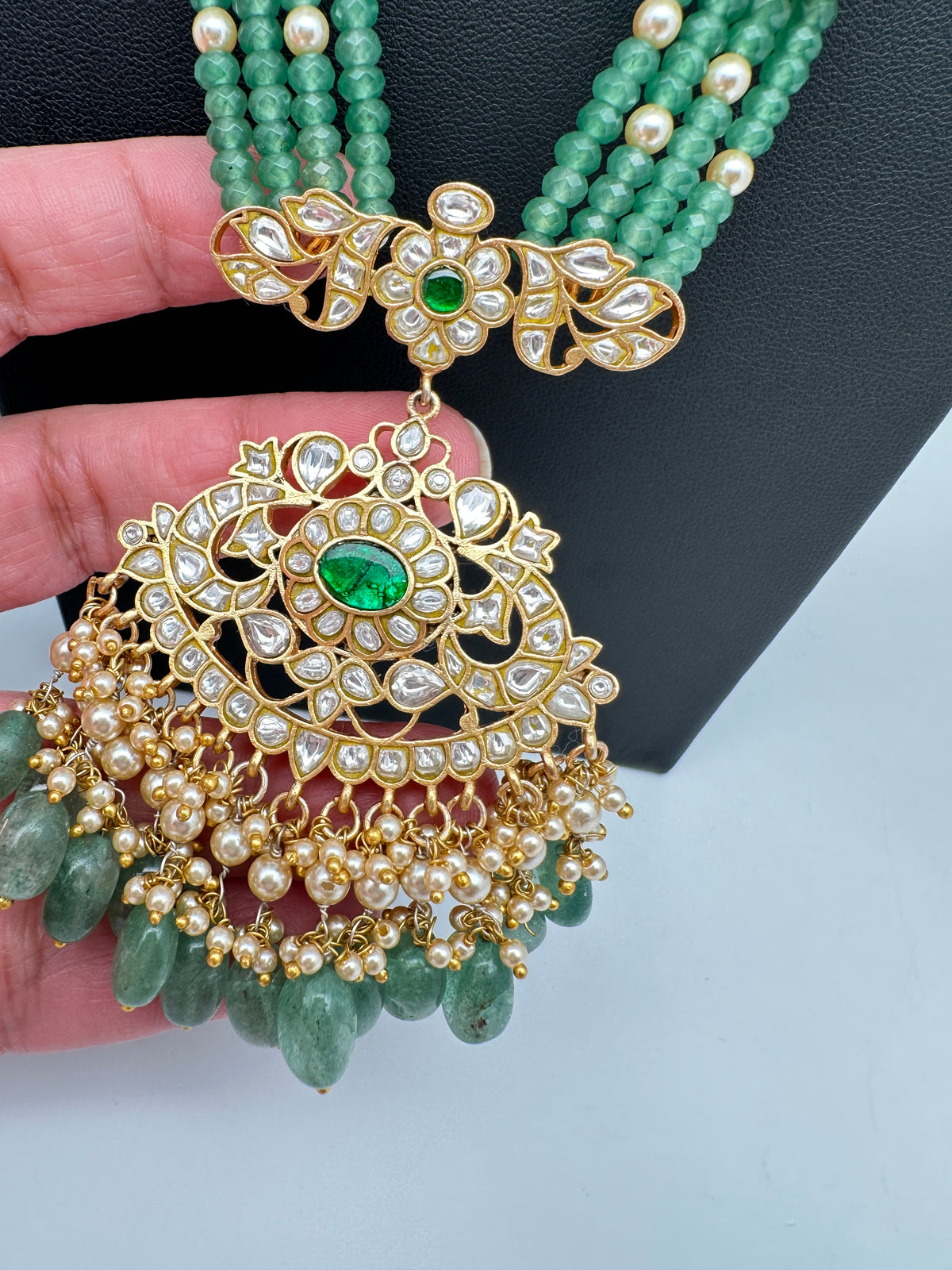 Jadau Kundan Pendent with Emerald Beads Necklace - 