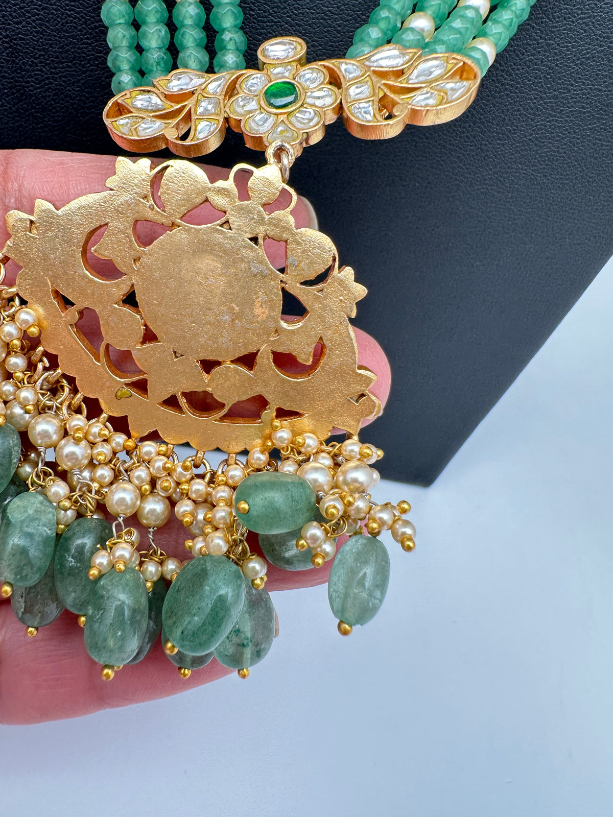 Jadau Kundan Pendent with Emerald Beads Necklace - 