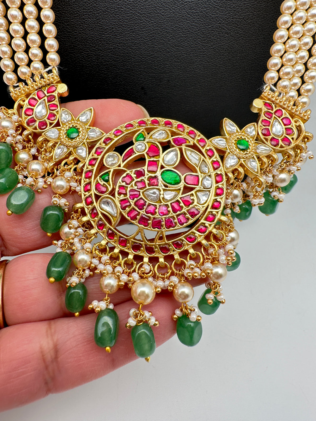 Jadau Kundan Pendent with Sawaroski Pearls Emerald Beads Necklace - 