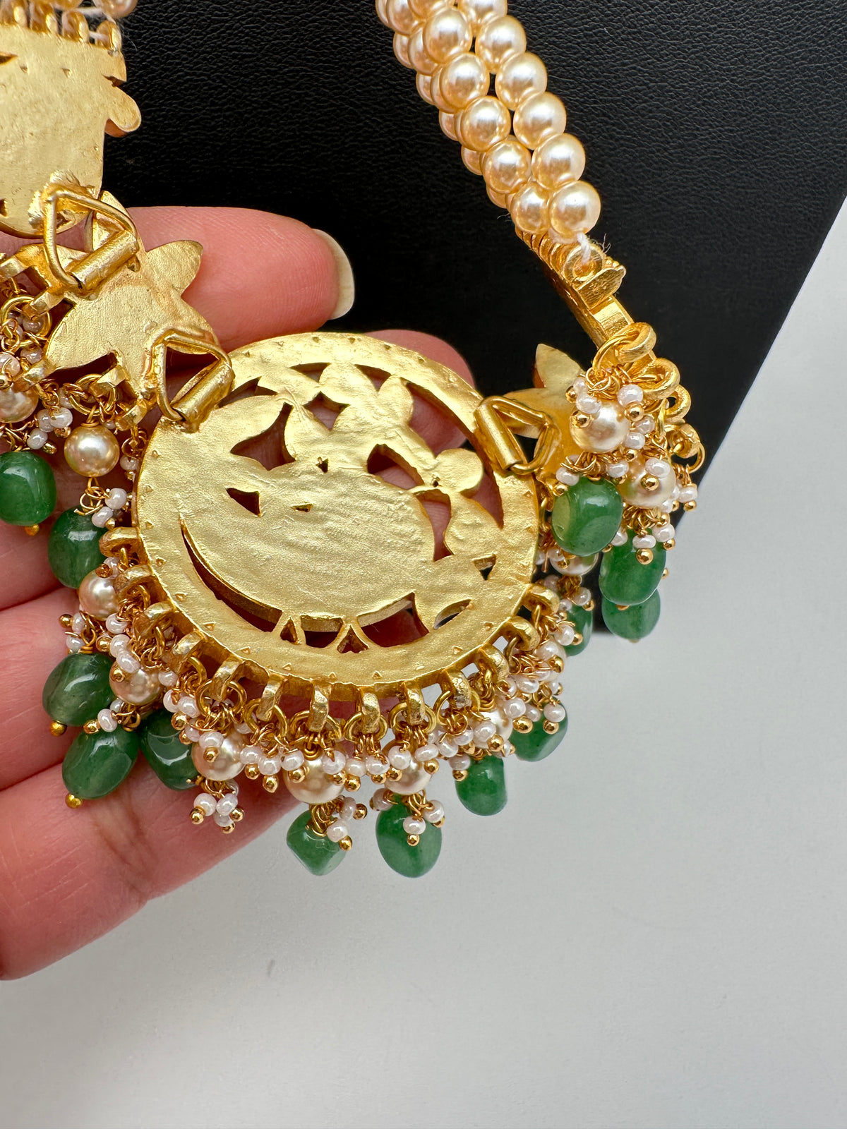 Jadau Kundan Pendent with Sawaroski Pearls Emerald Beads Necklace - 