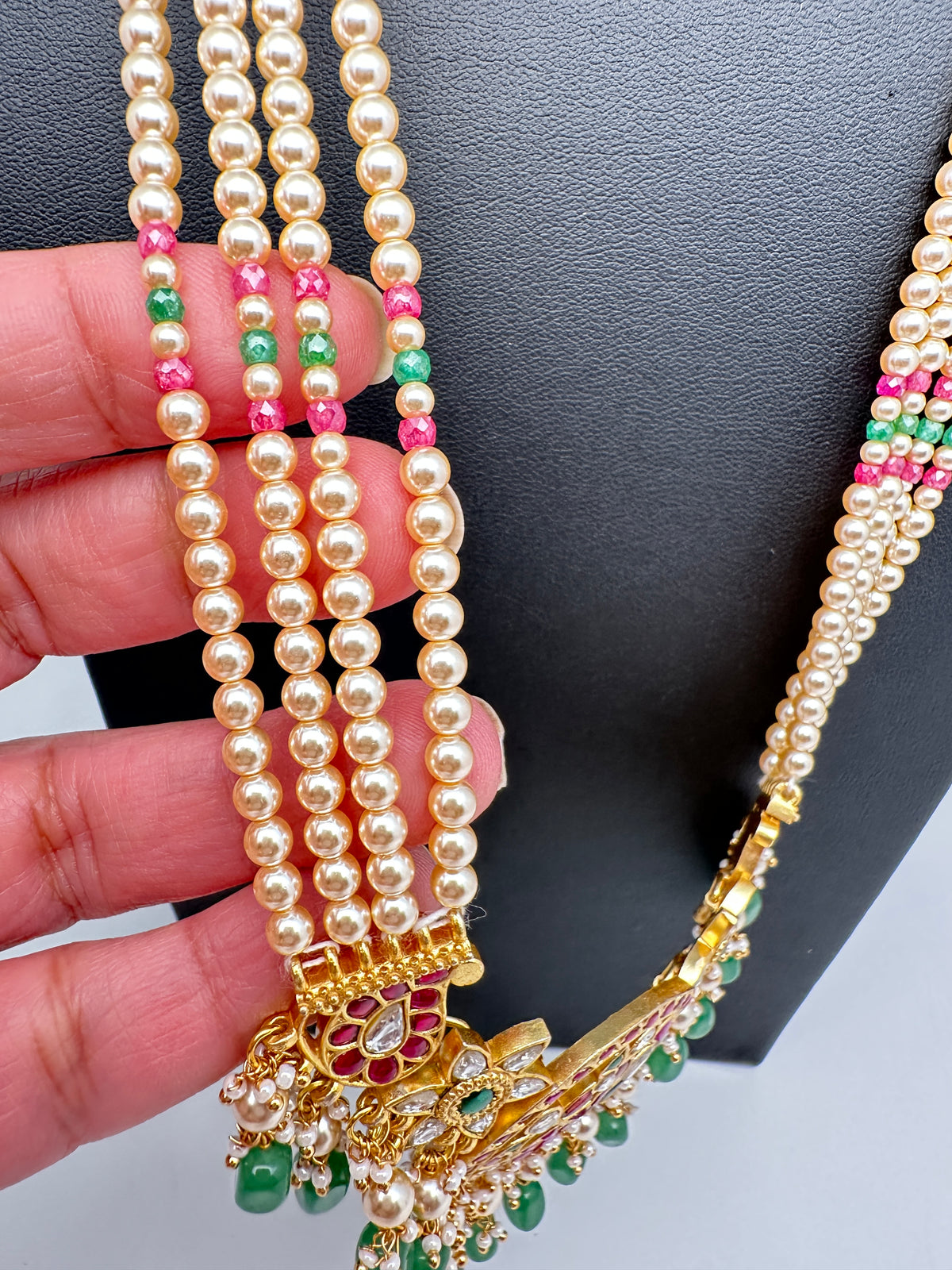 Jadau Kundan Pendent with Sawaroski Pearls Emerald Beads Necklace - 
