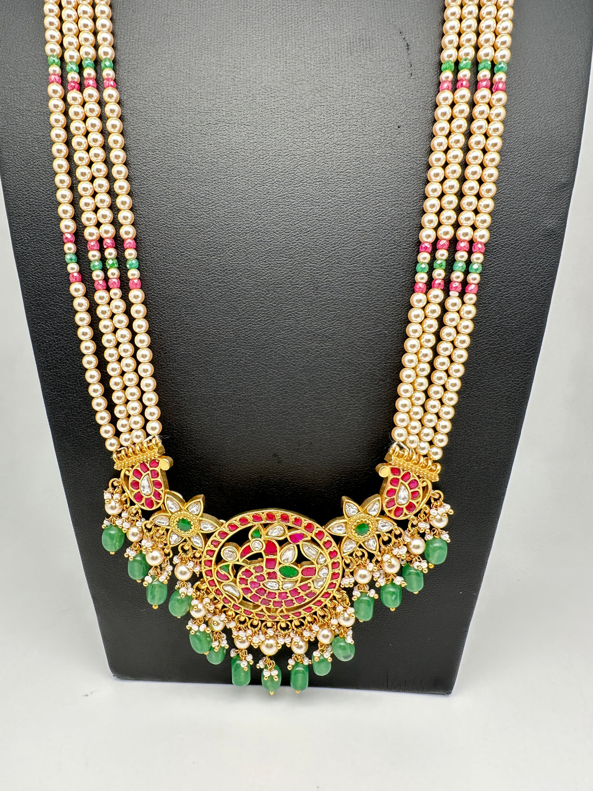 Jadau Kundan Pendent with Sawaroski Pearls Emerald Beads Necklace - 