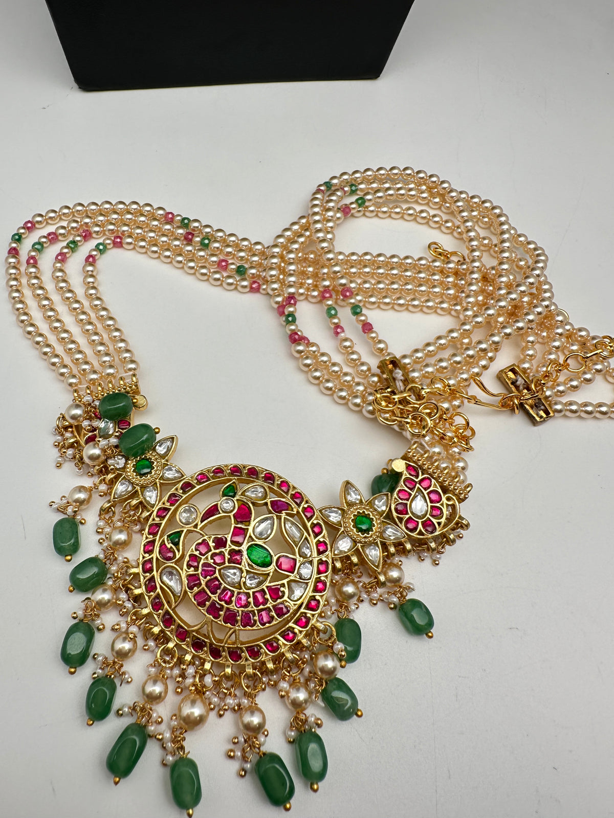 Jadau Kundan Pendent with Sawaroski Pearls Emerald Beads Necklace - 
