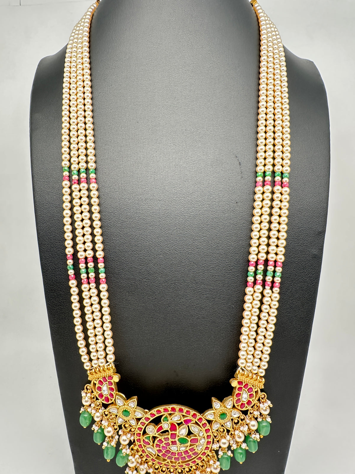 Jadau Kundan Pendent with Sawaroski Pearls Emerald Beads Necklace - 
