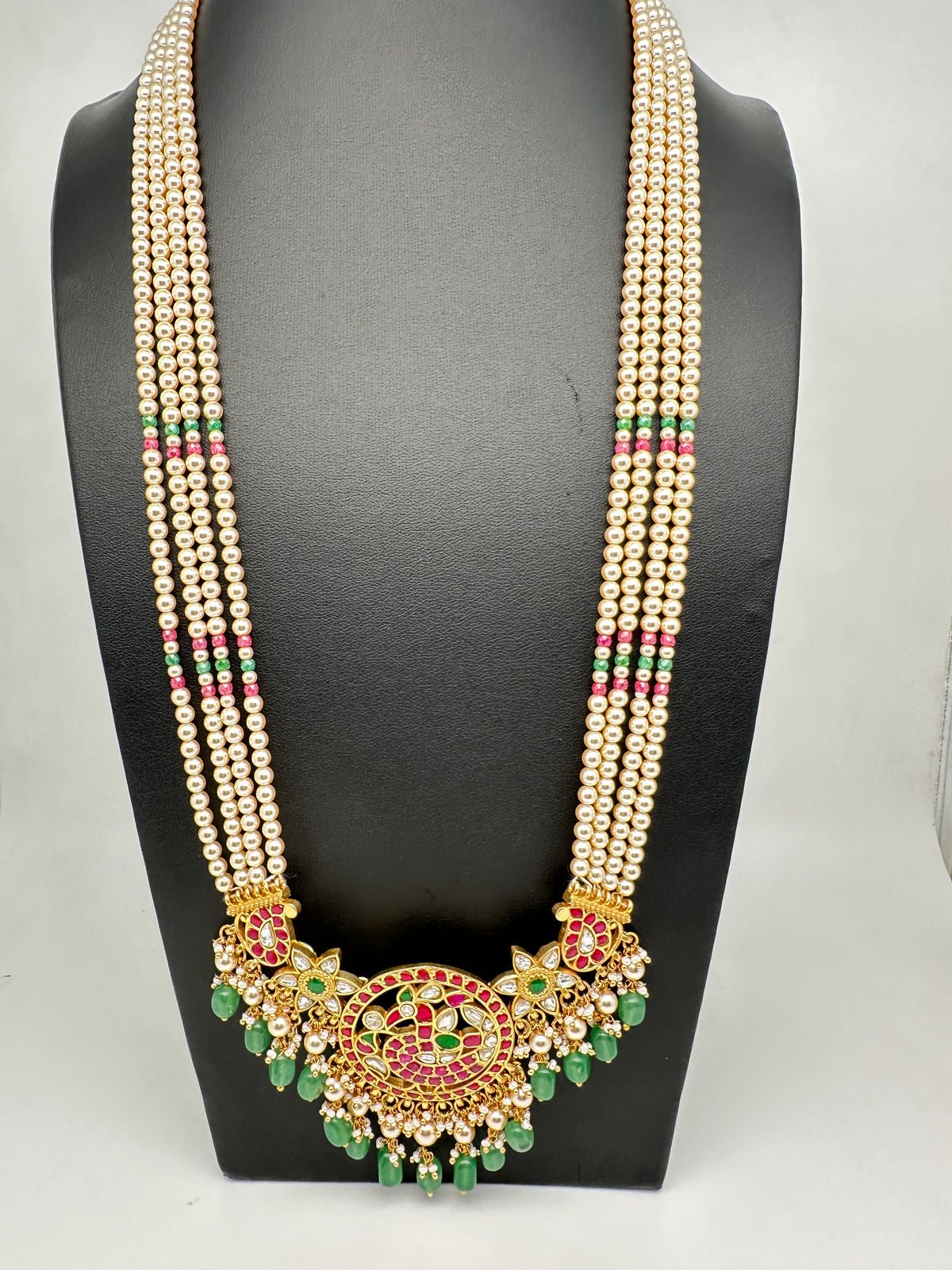 Jadau Kundan Pendent with Sawaroski Pearls Emerald Beads Necklace - 