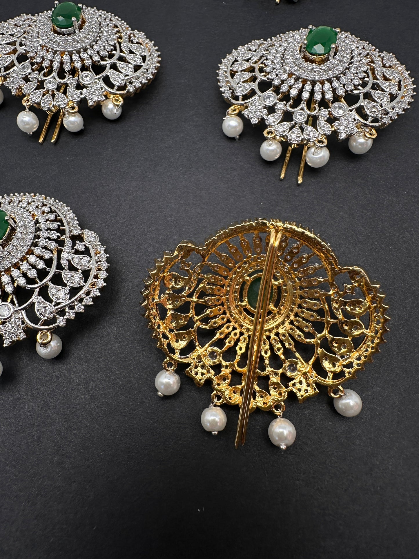 Diamond Finish CZ Emerald Green Stone Jada Billa Hair Pin Set