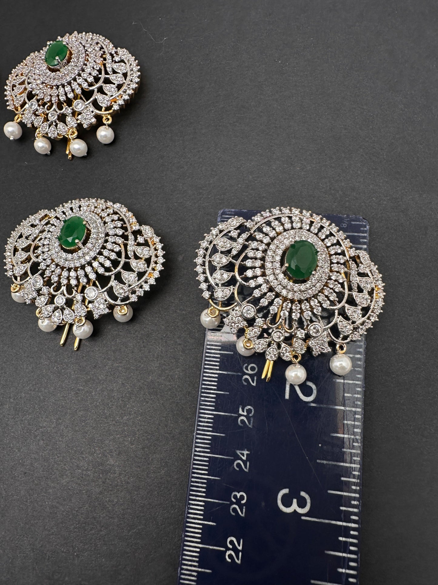 Diamond Finish CZ Emerald Green Stone Jada Billa Hair Pin Set