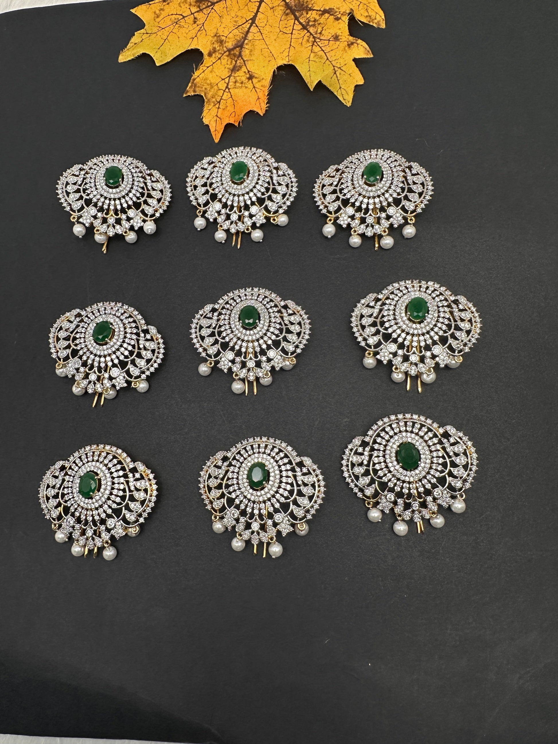 Diamond Finish CZ Emerald Green Stone Jada Billa Hair Pin Set