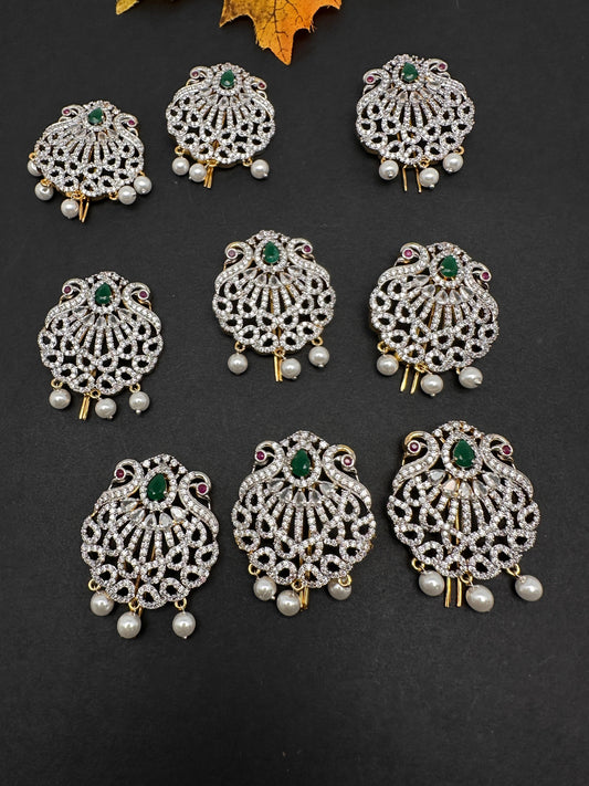 Diamond Finish CZ Emerald Green Stone Jada Billa Hair Pin Set