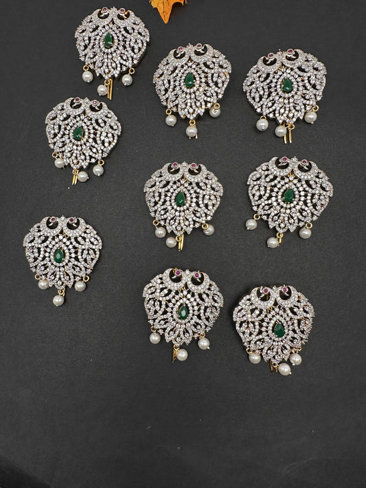 Peacock Diamond Finish CZ Emerald Green Stone Jada Billa Hair Pin Set