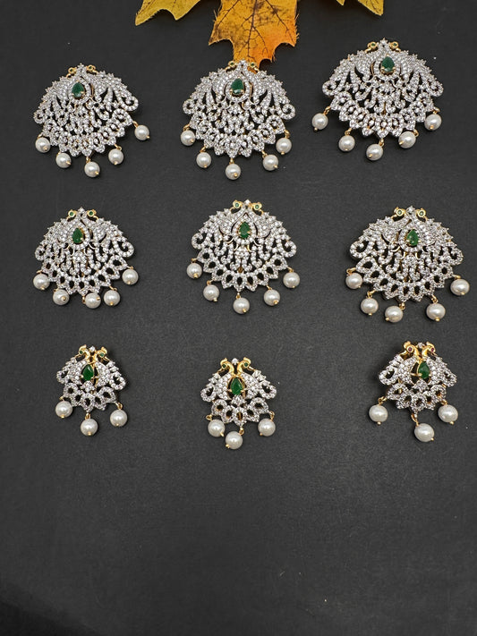 Peacock Diamond Finish CZ Emerald Green Stone Jada Billa Hair Pin Set