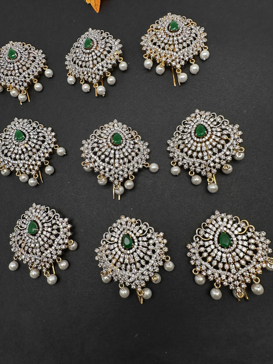 Diamond Finish CZ Emerald Green Stone Jada Billa Hair Pin Set