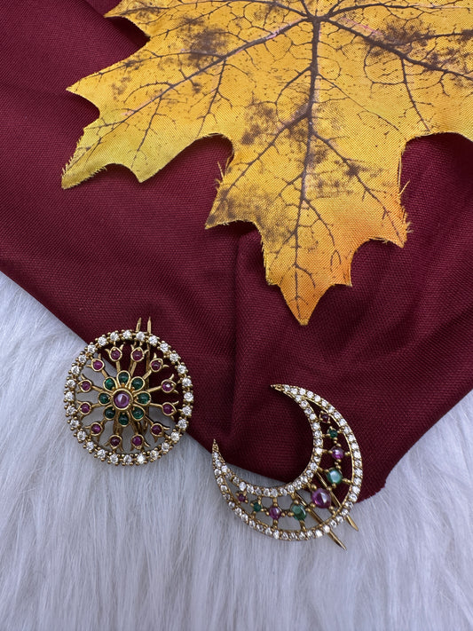 Matte Finish CZ Sun Moon Surya Chandra Hair Pin. - 