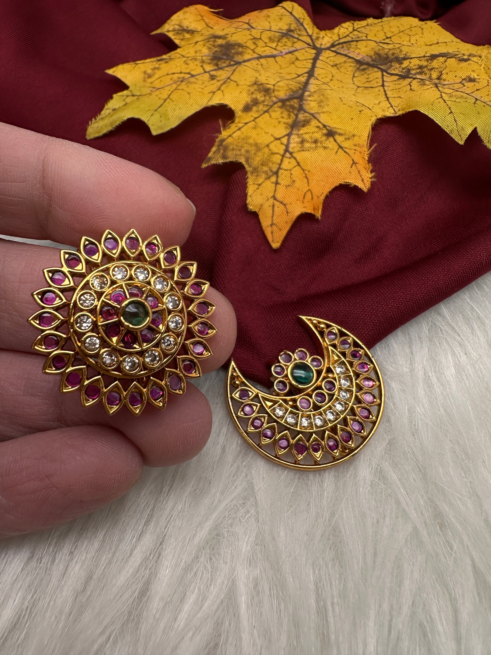 Matte Finish CZ Sun Moon Surya Chandra Hair Pin. - 
