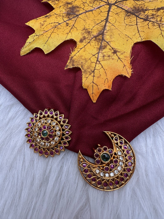 Matte Finish CZ Sun Moon Surya Chandra Hair Pin. - 