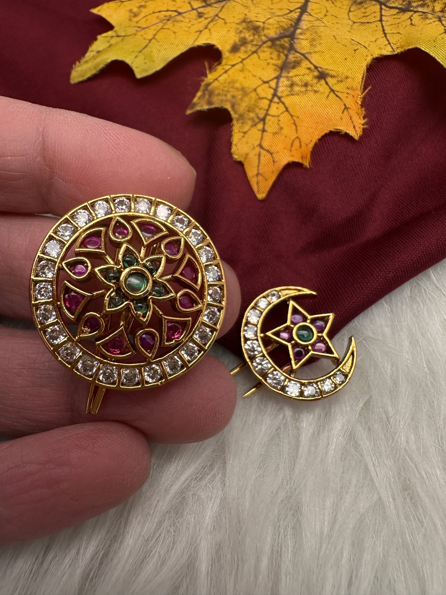 Matte Finish CZ Sun Moon Surya Chandra Hair Pin. - 