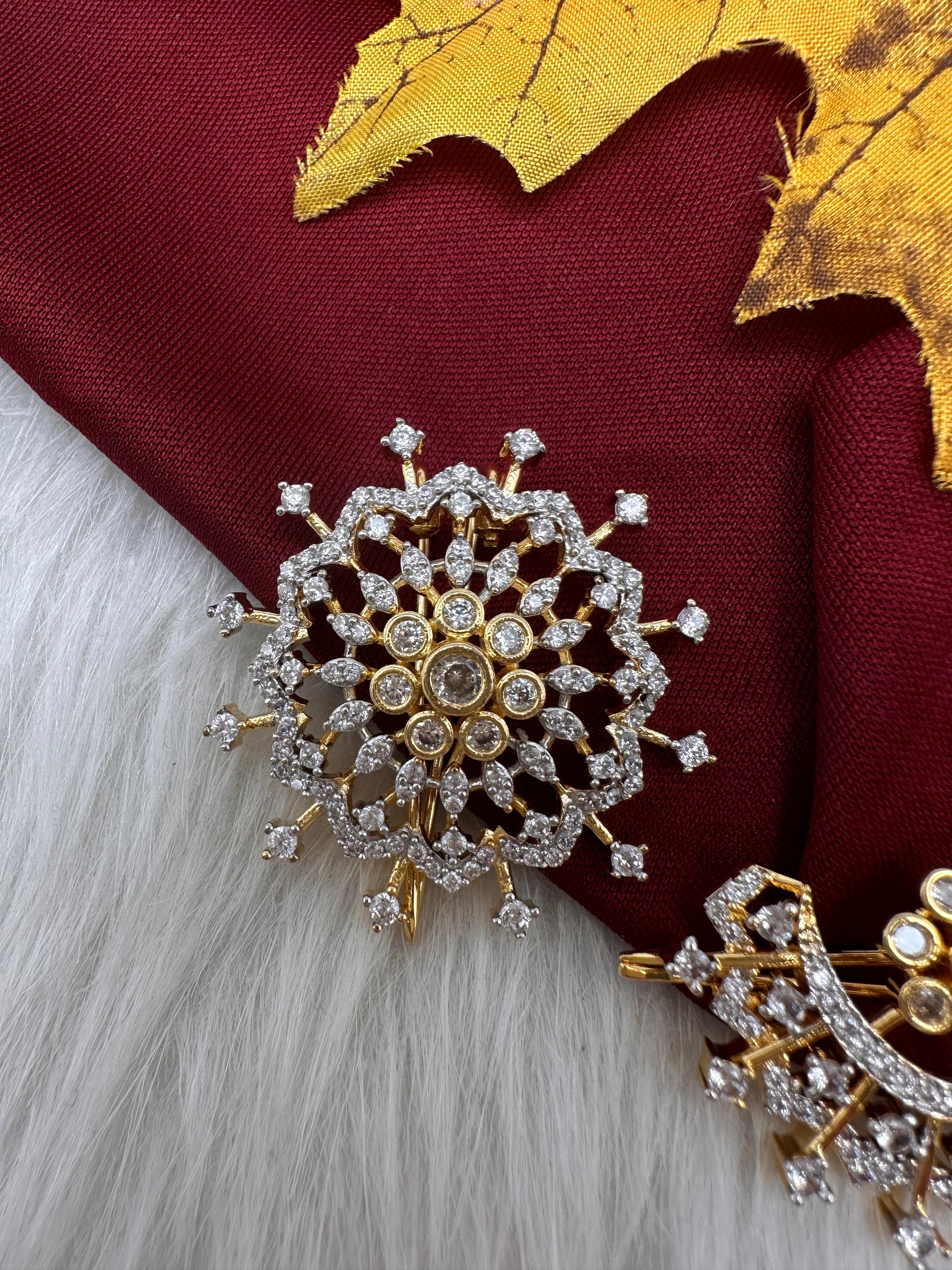 Gold Finish AD Sun Moon Surya Chandra Hair Pin. - 