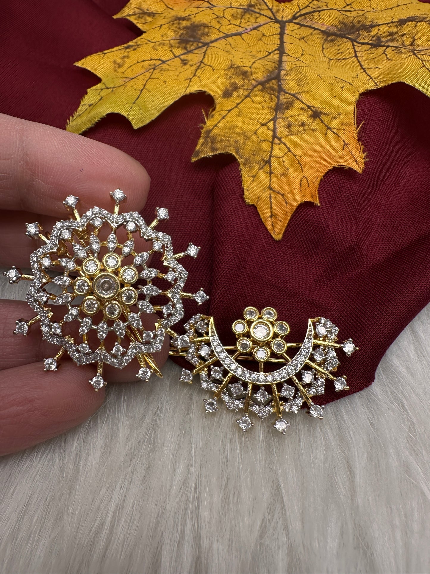 Gold Finish AD Sun Moon Surya Chandra Hair Pin. - 