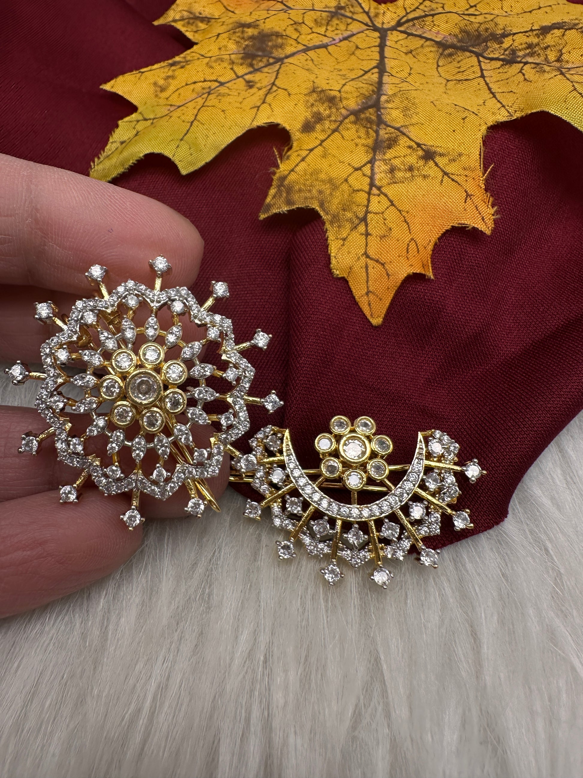 Gold Finish AD Sun Moon Surya Chandra Hair Pin. - 