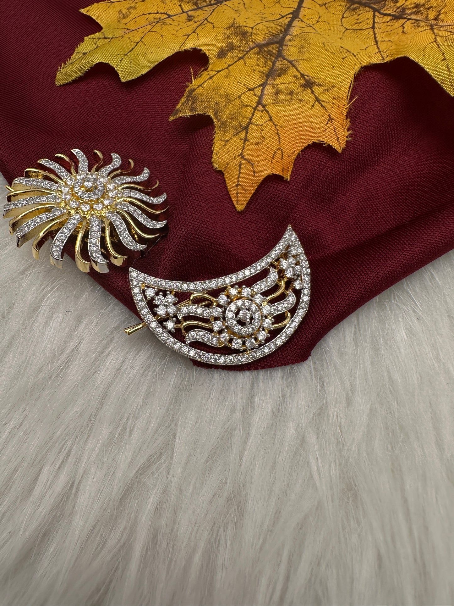 Gold Finish AD Sun Moon Surya Chandra Hair Pin. - 