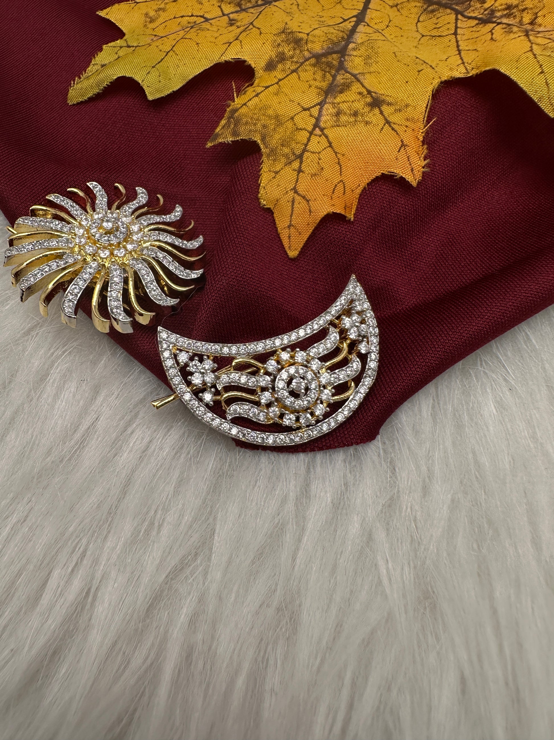 Gold Finish AD Sun Moon Surya Chandra Hair Pin. - 