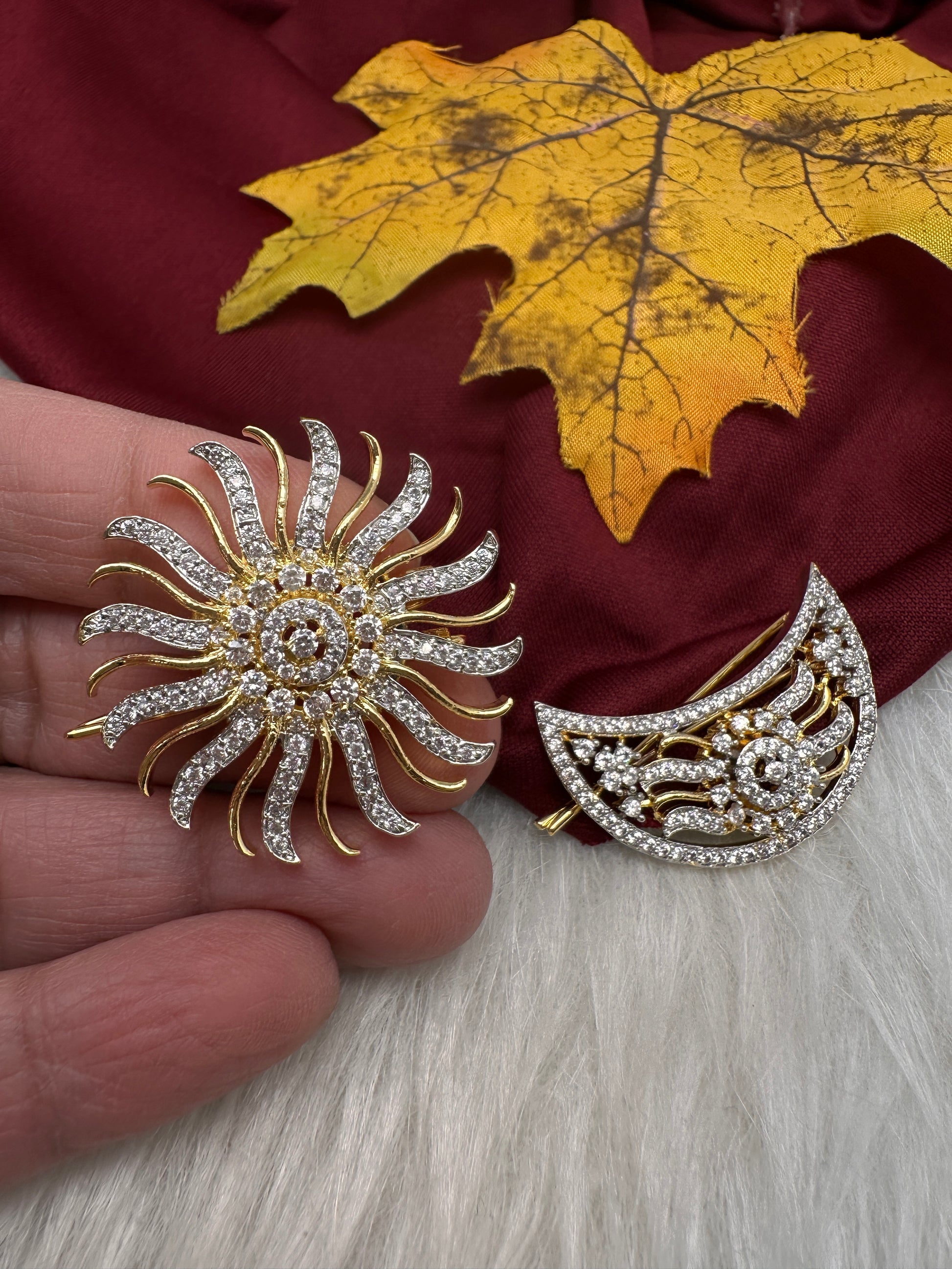Gold Finish AD Sun Moon Surya Chandra Hair Pin. - 