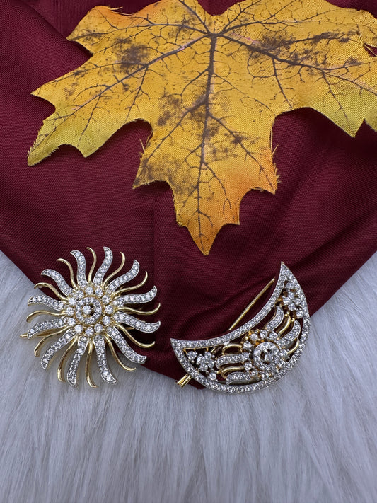 Gold Finish AD Sun Moon Surya Chandra Hair Pin. - 