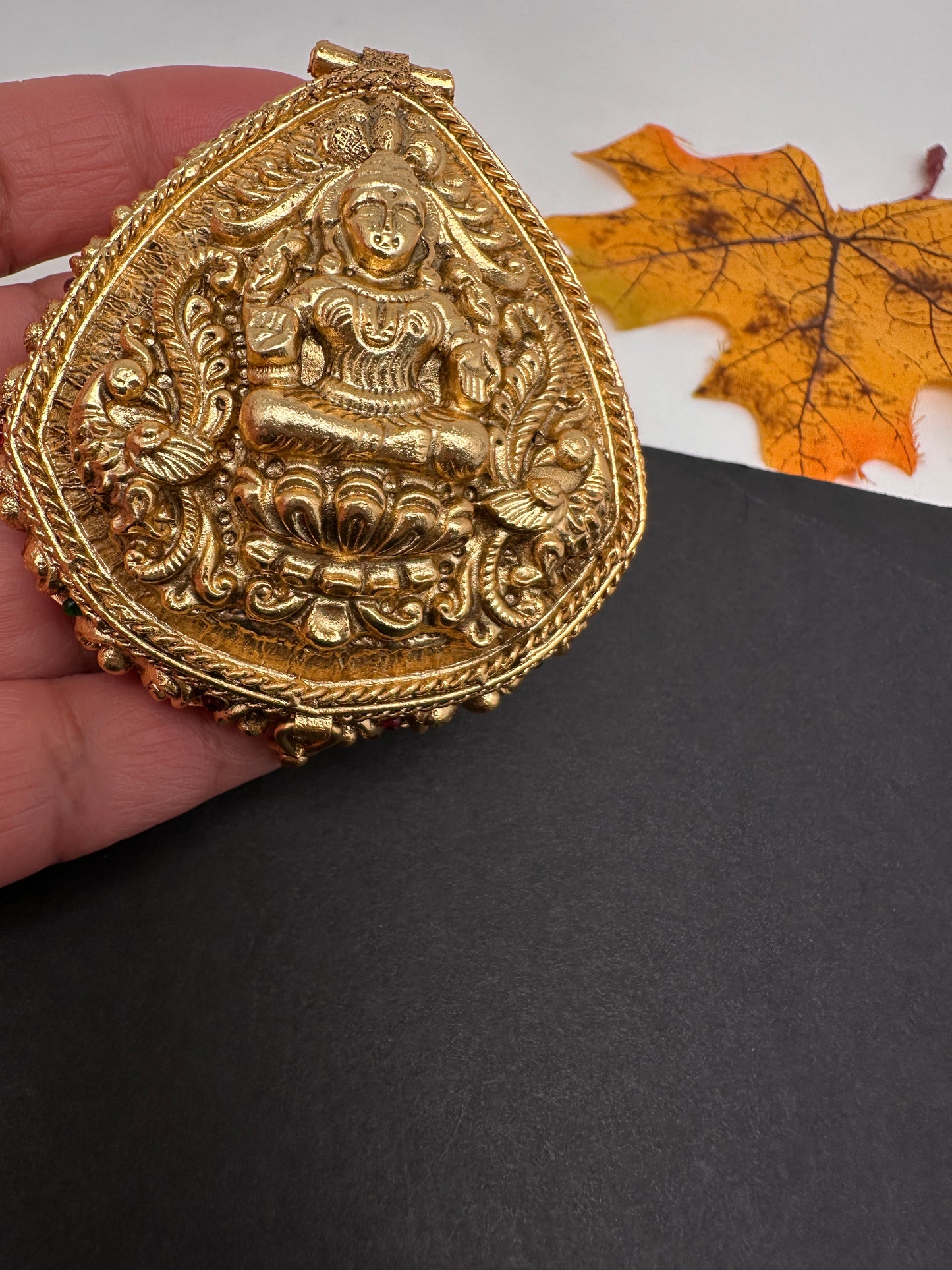 Goddess Lakshmi Red Green Stone Matte Finish Kumkum Box Bharani - 
