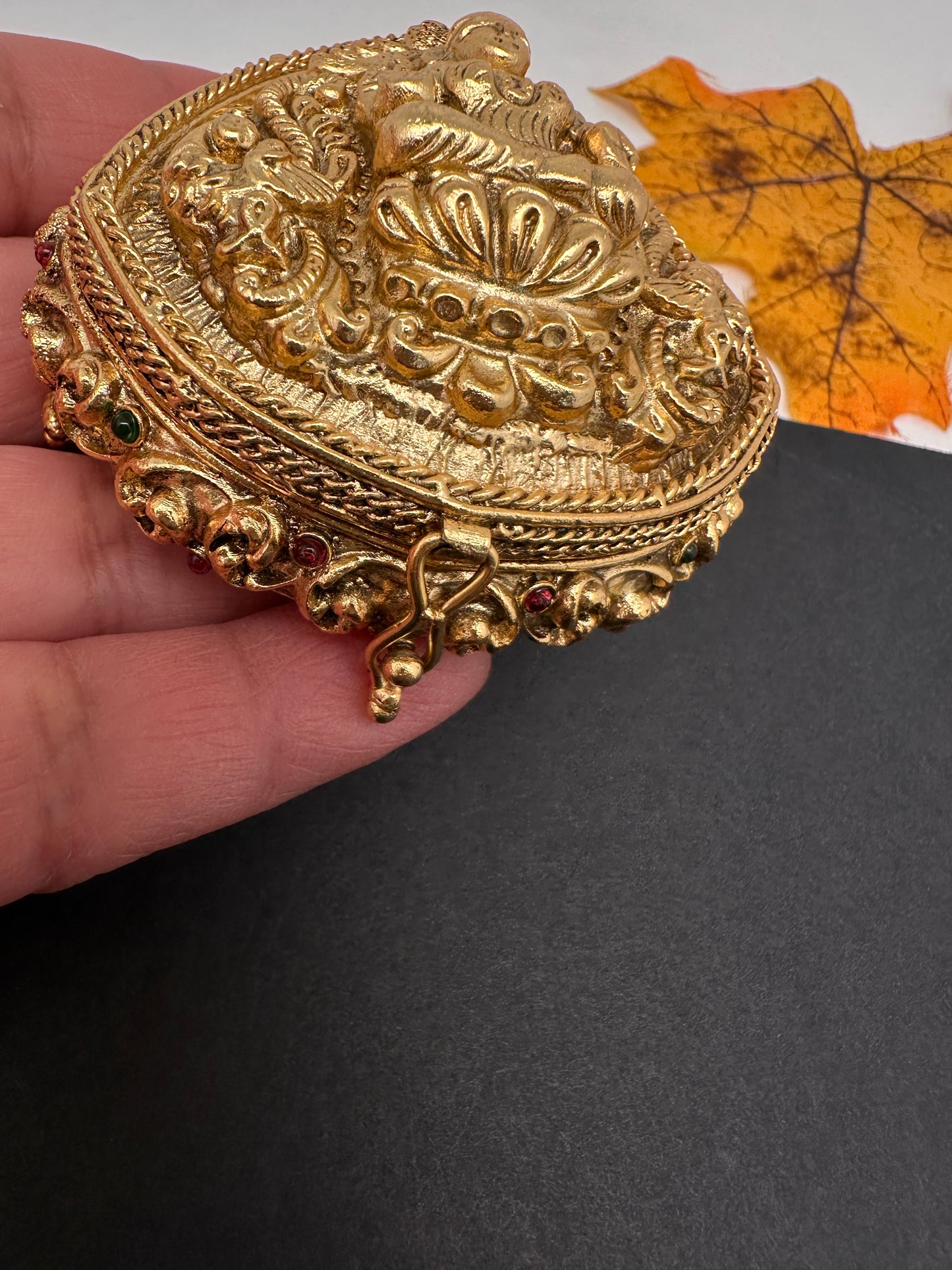 Goddess Lakshmi Red Green Stone Matte Finish Kumkum Box Bharani - 