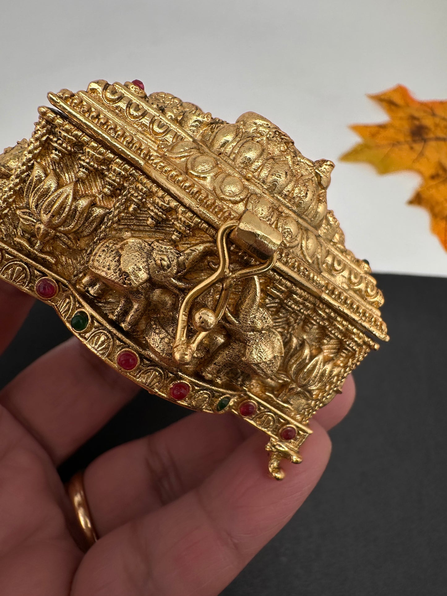 Elephant Nakshi Red Green Stone Matte Finish Kumkum Box Bharani - 