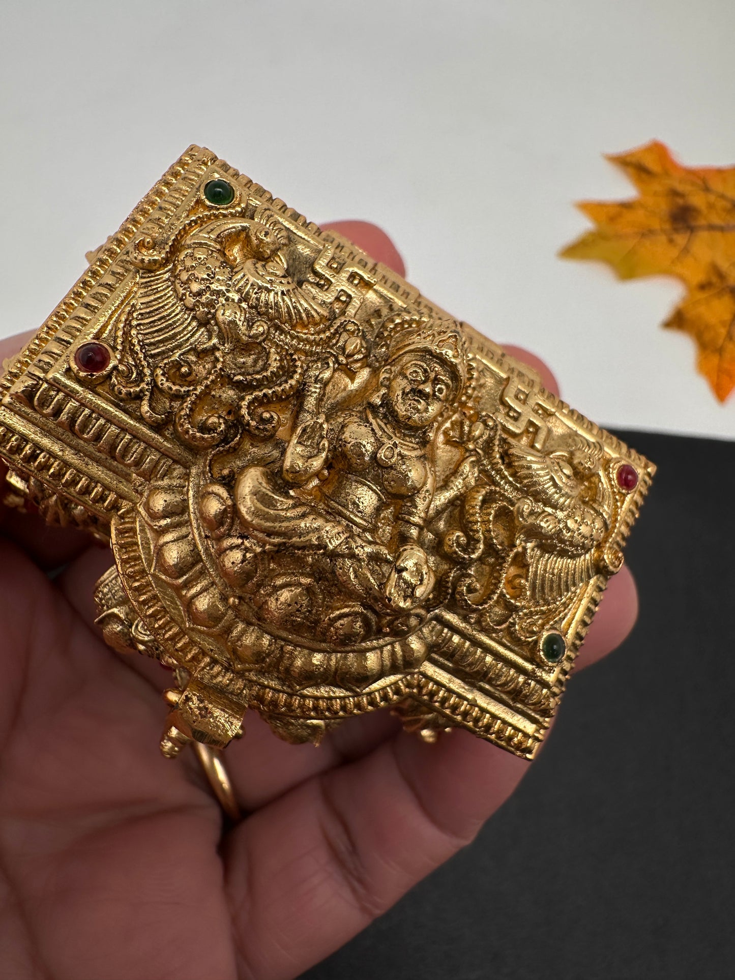 Elephant Nakshi Red Green Stone Matte Finish Kumkum Box Bharani - 