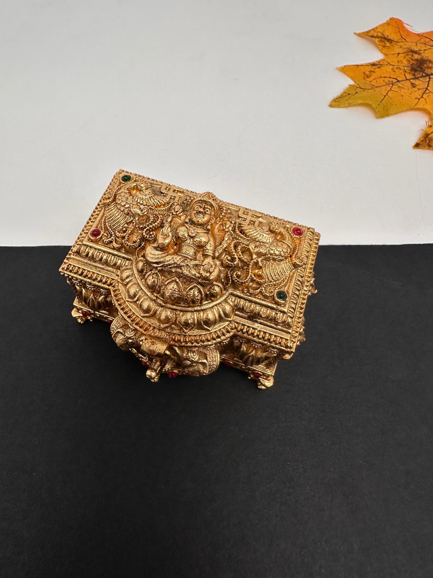 Elephant Nakshi Red Green Stone Matte Finish Kumkum Box Bharani - 
