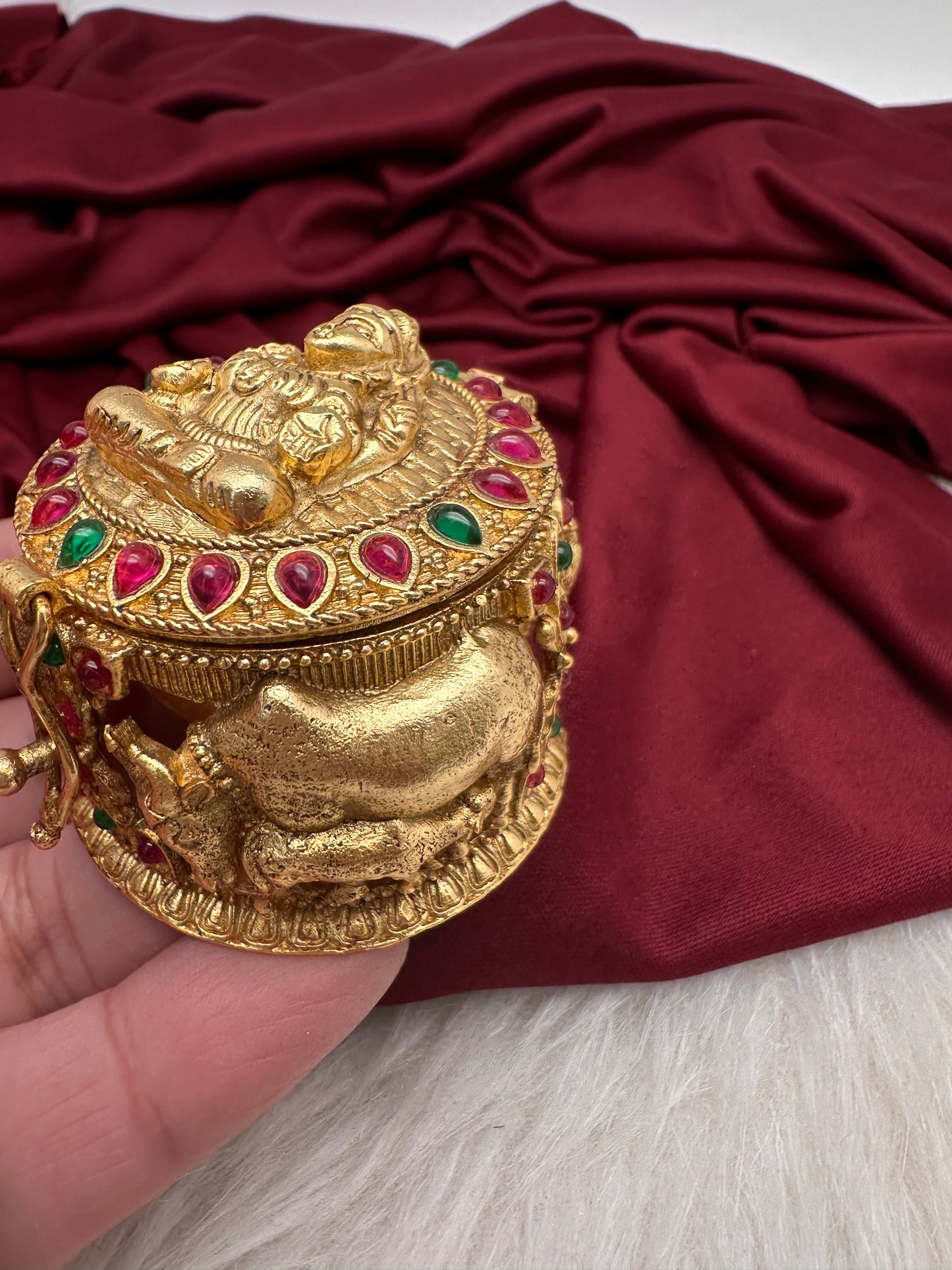 Goddess Lakshmi Cow Calf Design Nakshi Matte Finish Kumkum Box Bharani - 