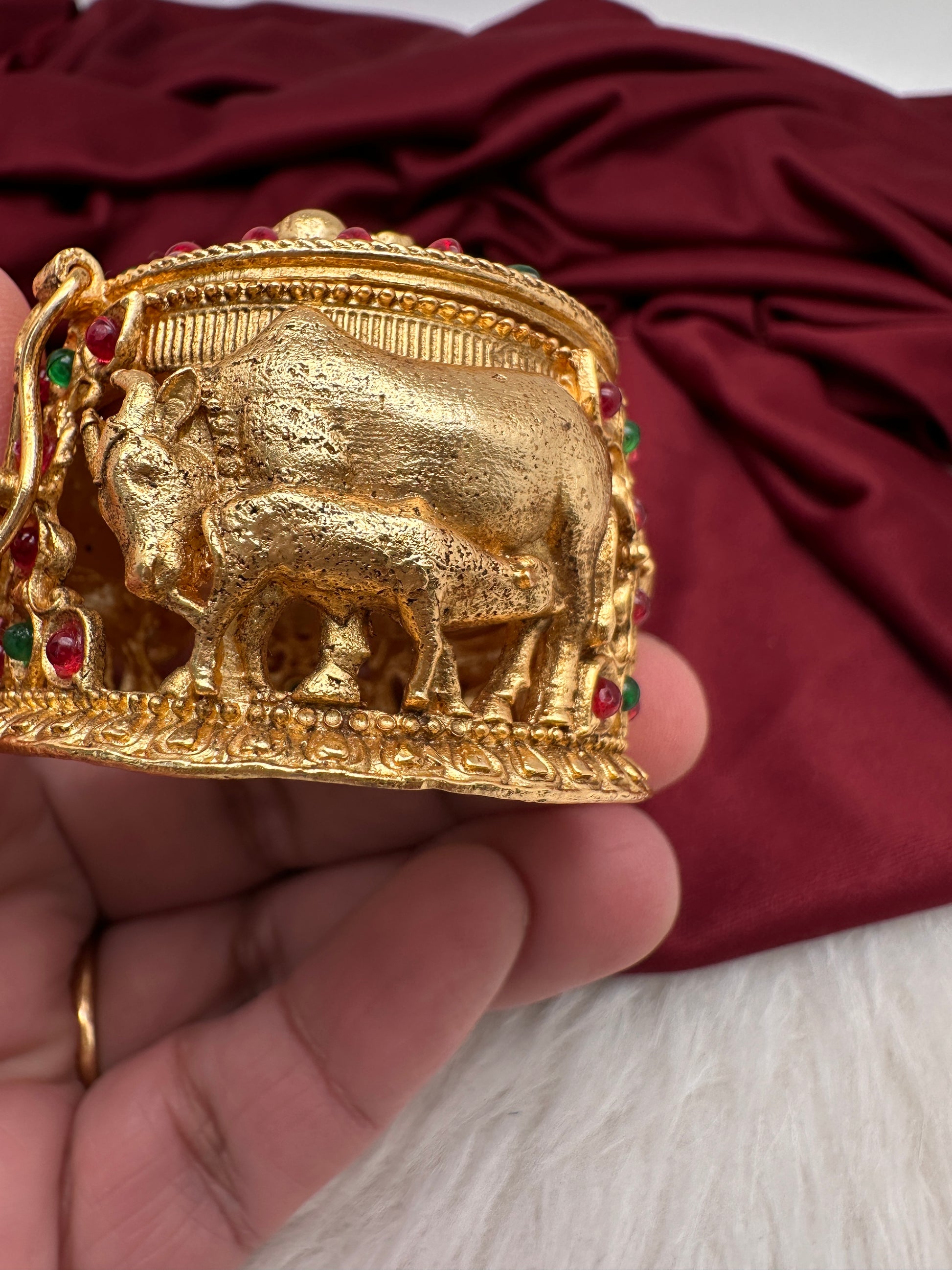 Goddess Lakshmi Cow Calf Design Nakshi Matte Finish Kumkum Box Bharani - 