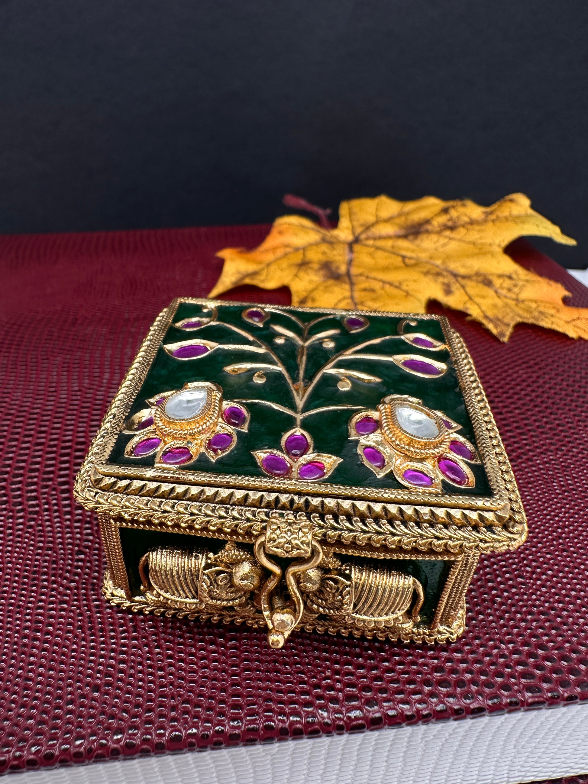 Elephant Nakshi Red Green Meenakari Work Kundan Kumkum Box Bharani - 