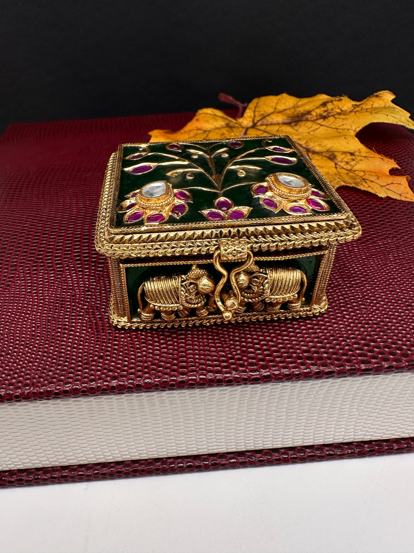 Elephant Nakshi Red Green Meenakari Work Kundan Kumkum Box Bharani - 