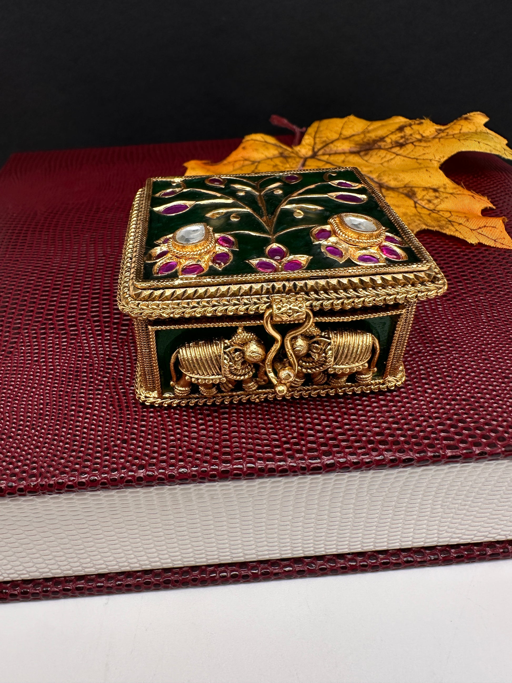 Elephant Nakshi Red Green Meenakari Work Kundan Kumkum Box Bharani - 