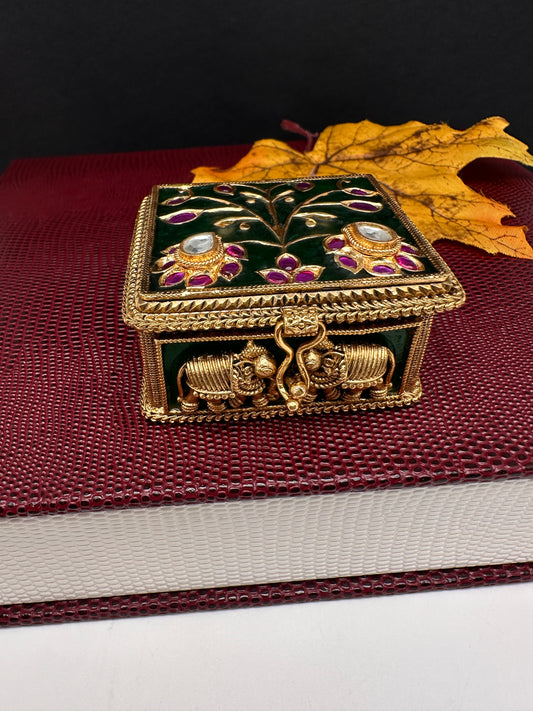 Elephant Nakshi Red Green Meenakari Work Kundan Kumkum Box Bharani - 