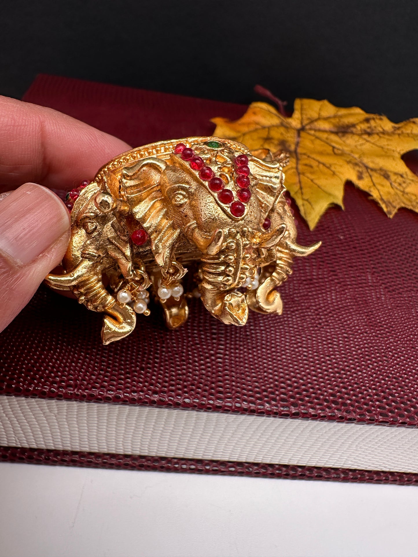 Elephant Nakshi Red Green Stone Matte Finish Kumkum Box Bharani - 
