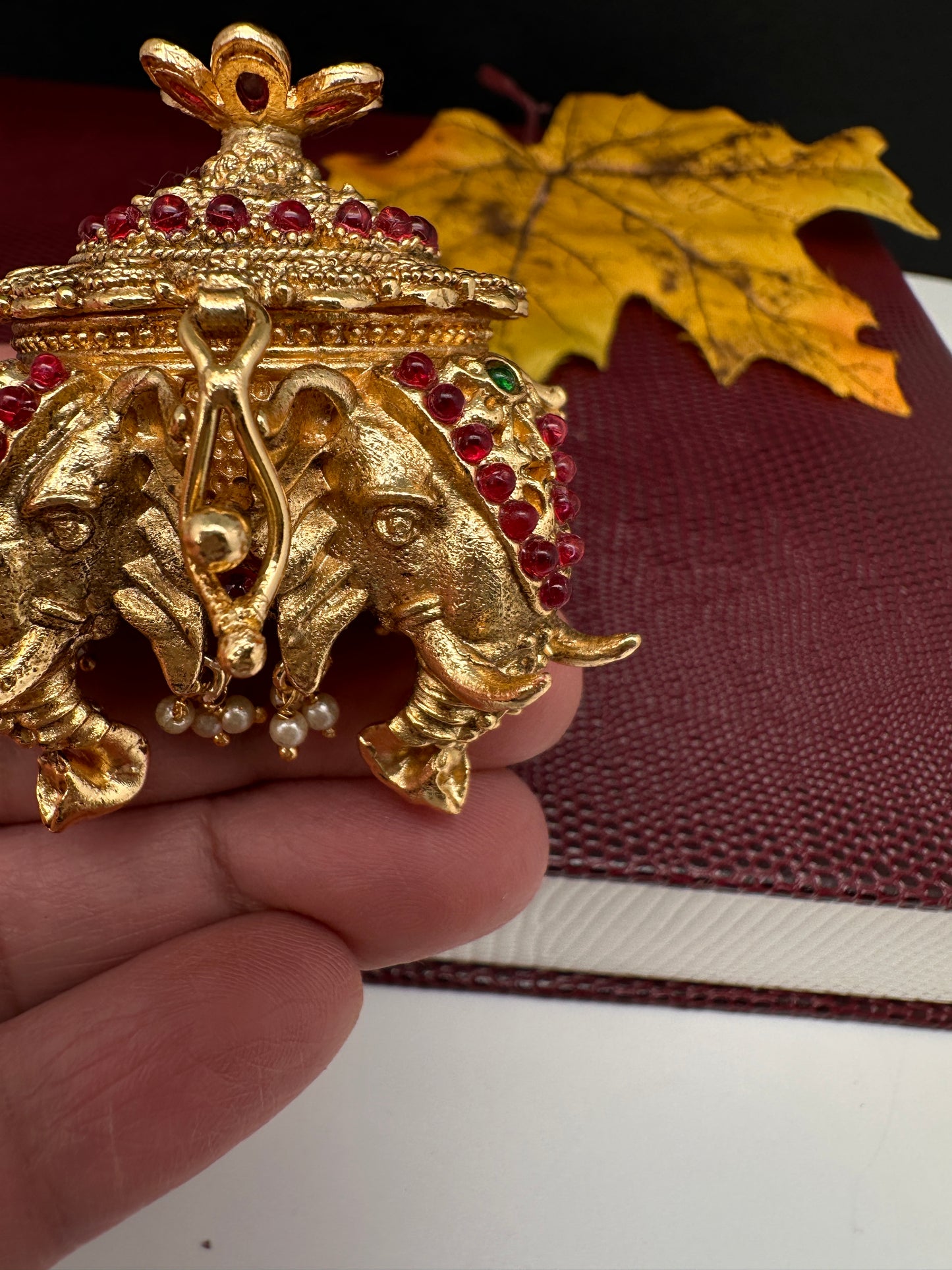 Elephant Nakshi Red Green Stone Matte Finish Kumkum Box Bharani - 