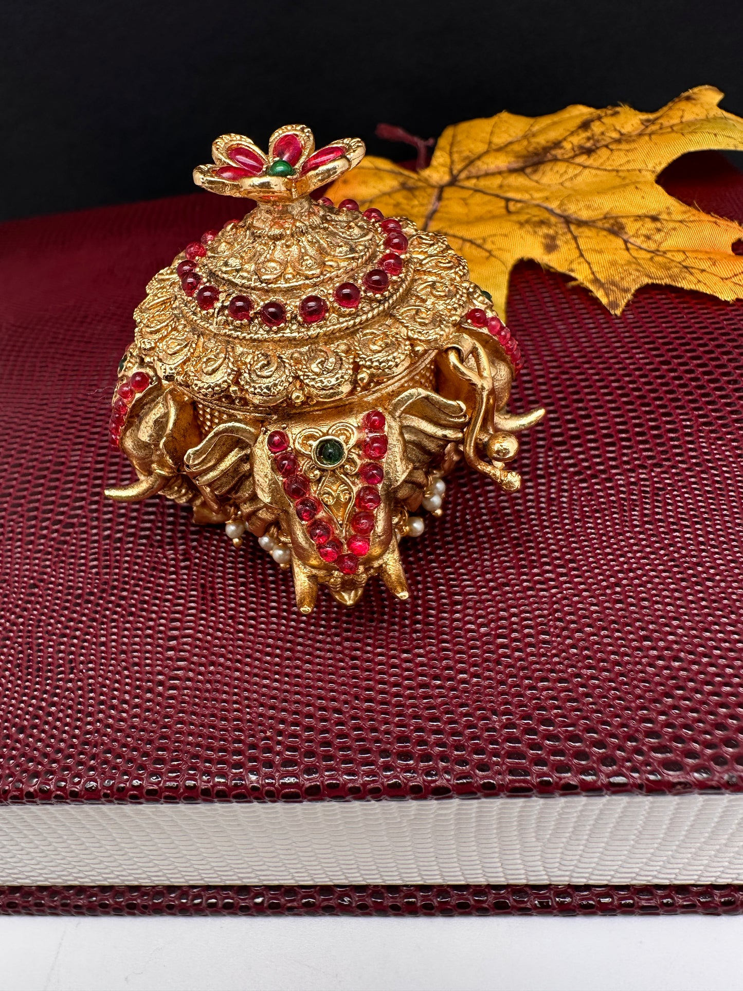 Elephant Nakshi Red Green Stone Matte Finish Kumkum Box Bharani - 
