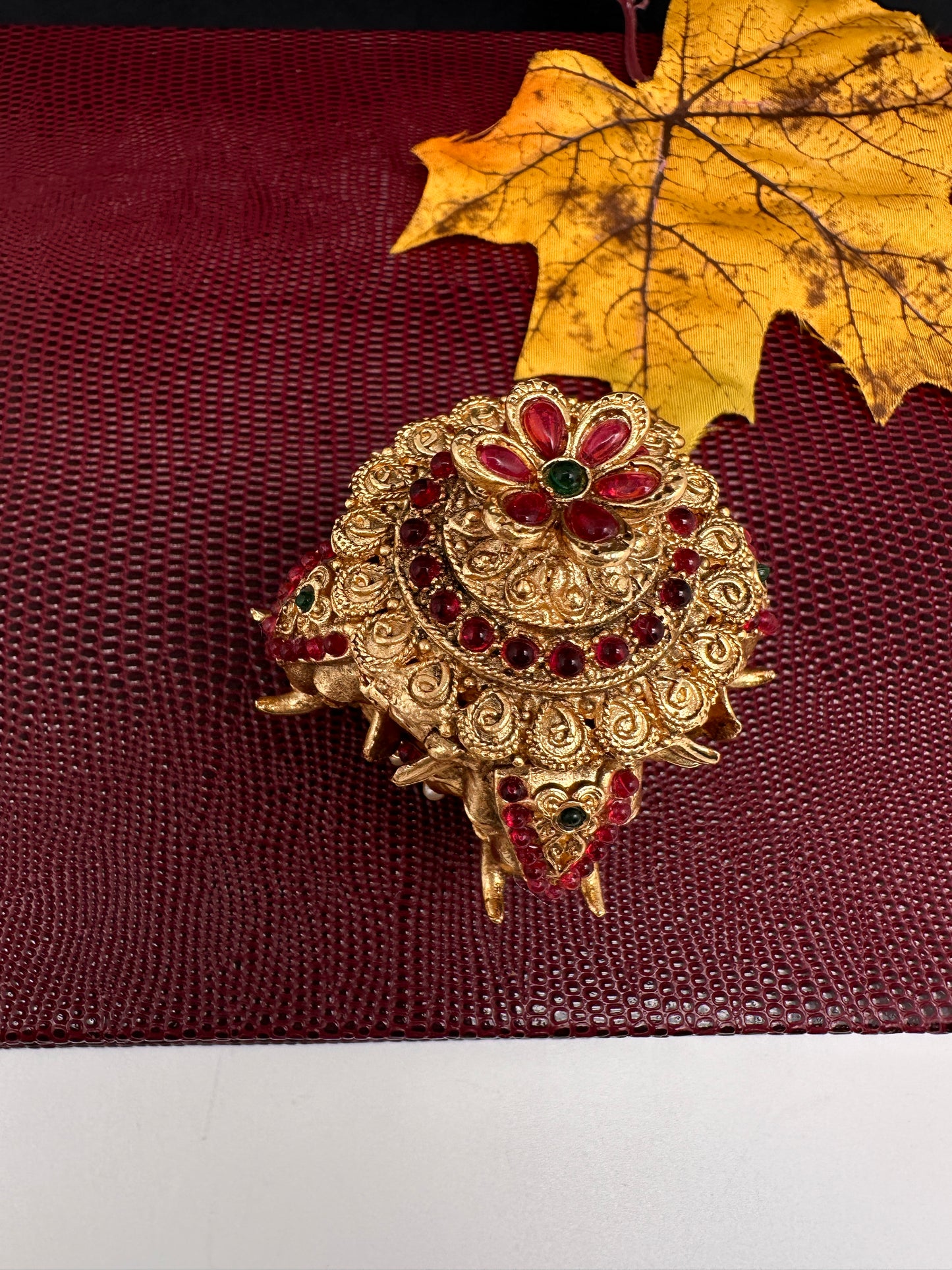 Elephant Nakshi Red Green Stone Matte Finish Kumkum Box Bharani - 