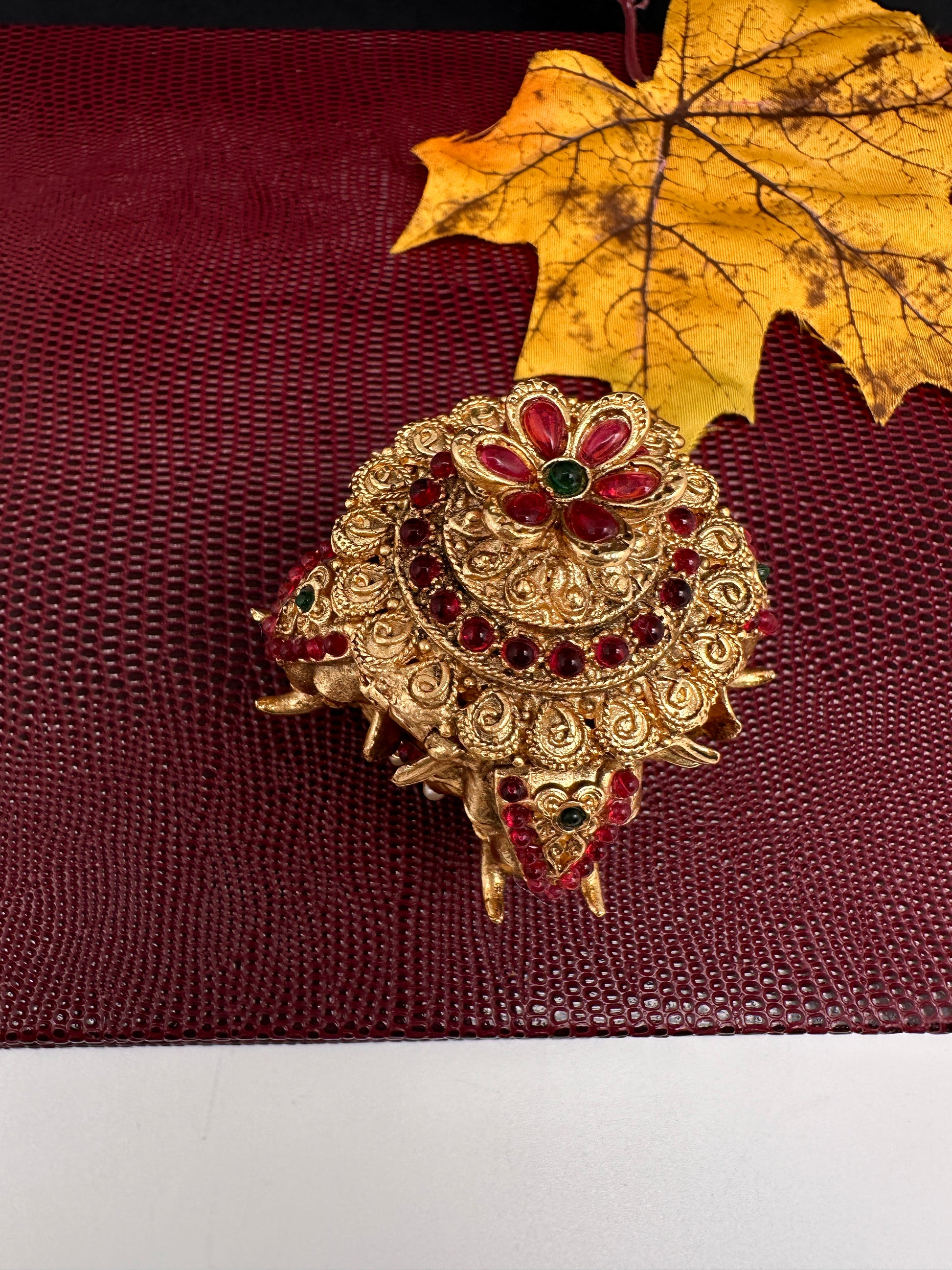Elephant Nakshi Red Green Stone Matte Finish Kumkum Box Bharani - 