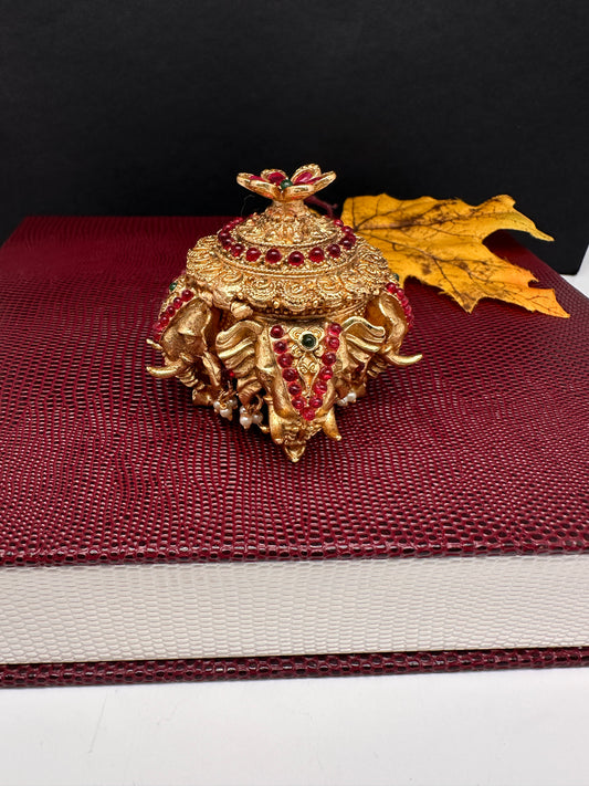 Elephant Nakshi Red Green Stone Matte Finish Kumkum Box Bharani - 