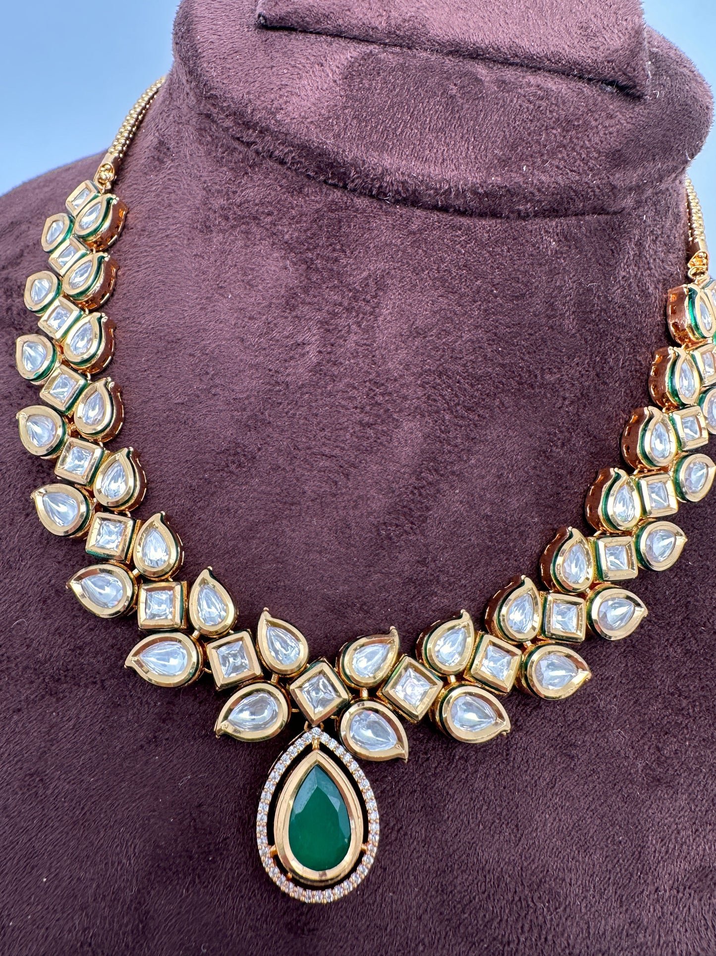 Kundan Green Stone Short Necklace