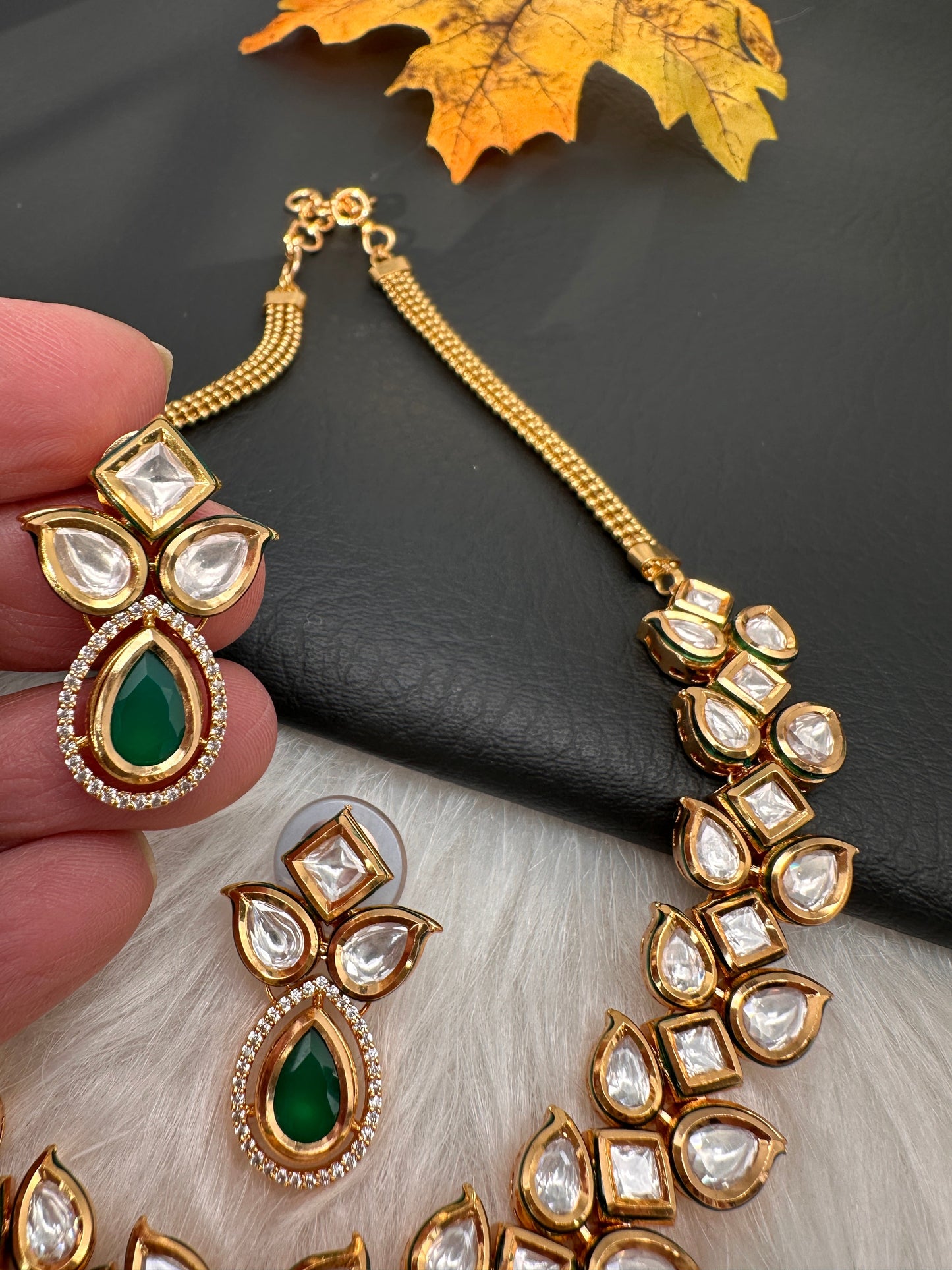 Kundan Green Stone Short Necklace