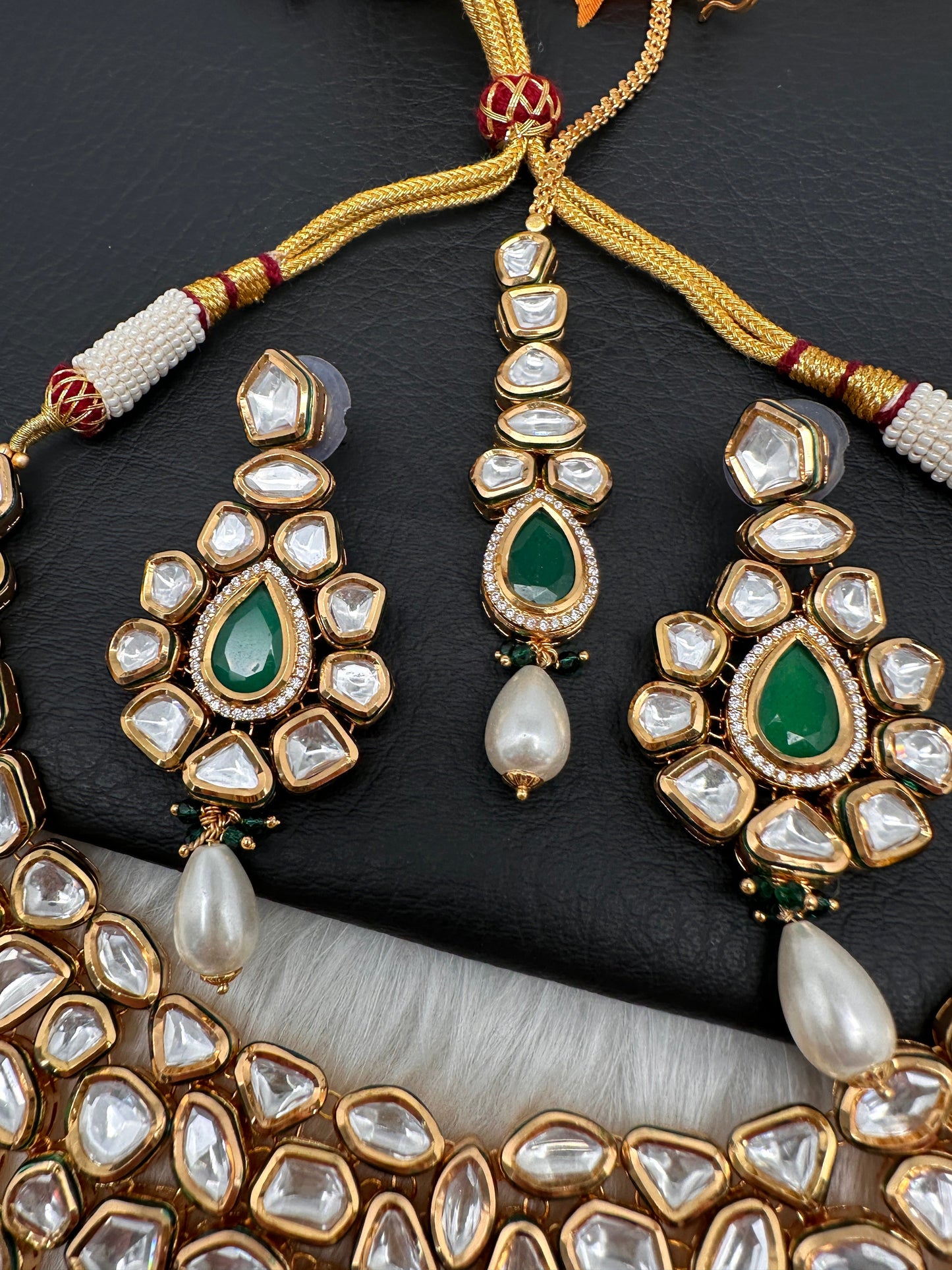 Kundan Green Stone Bridal Necklace comes with Earrings and Mang Tika